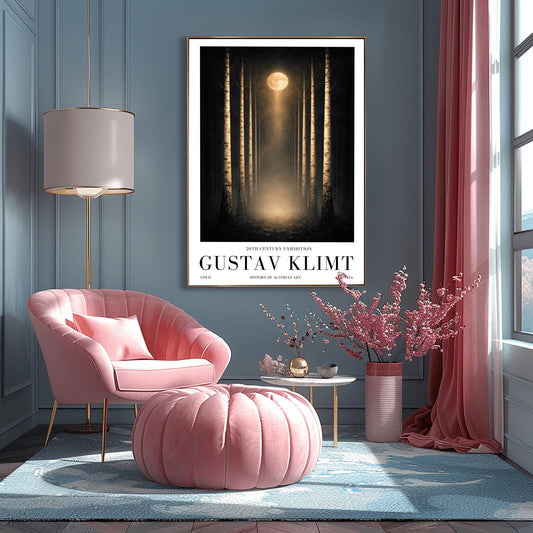 A vertical, perfectly symmetrical illustration of a birch forest at night. Three slender birch trees frame each side of a central path. A golden moon at the top center casts a beam of light downward onto a glowing forest floor. The trees feature intricate golden mosaic bark.