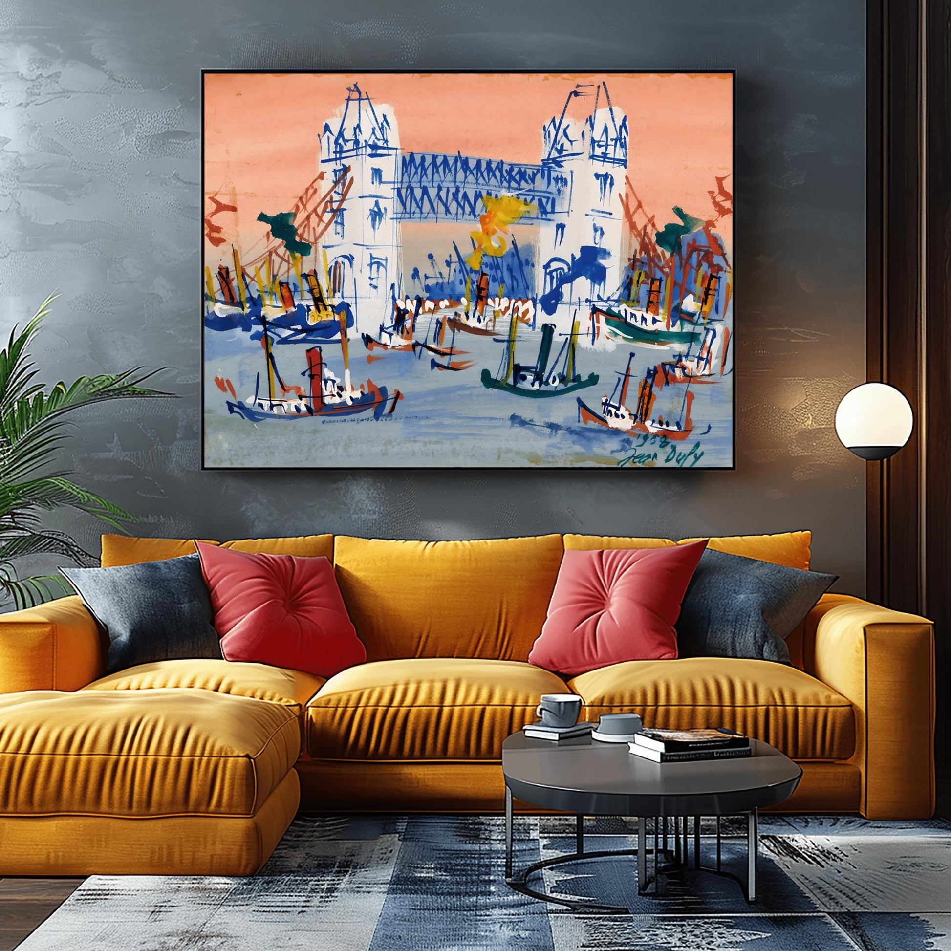 A horizontal expressionist painting of Tower Bridge in London by Jean Dufy. The bridge is rendered in white and blue lines against a coral pink sky. The River Thames in the foreground is filled with many small, sketchy blue and brown boats with smoke stacks.