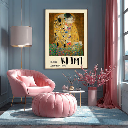 A vertical fine art print of "The Kiss" by Gustav Klimt. Two lovers are shown in an intimate embrace, their bodies covered in elaborate, decorative gold robes. The man's robe features black and white geometric shapes, while the woman's features colorful floral circles. They kneel on a lush bed of colorful wildflowers against a dark, shimmering gold background. The style is rich in mosaic-like patterns and Art Nouveau ornamentation.