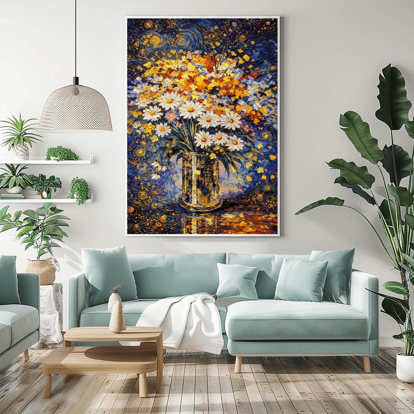 A vertical art print in the style of Gustav Klimt featuring a bouquet of white daisies with yellow centers in a tall, patterned gold vase. The vase is decorated with small black and gold circles. The background is a vibrant dark blue with swirling golden patterns and stars. The table surface below reflects the blue and gold light. The entire image is composed of intricate mosaic-like textures and shimmering metallic tones.