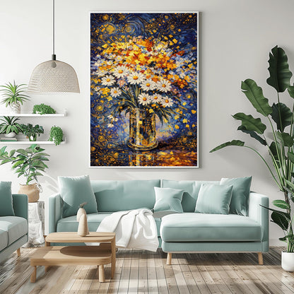 A vertical art print in the style of Gustav Klimt featuring a bouquet of white daisies with yellow centers in a tall, patterned gold vase. The vase is decorated with small black and gold circles. The background is a vibrant dark blue with swirling golden patterns and stars. The table surface below reflects the blue and gold light. The entire image is composed of intricate mosaic-like textures and shimmering metallic tones.