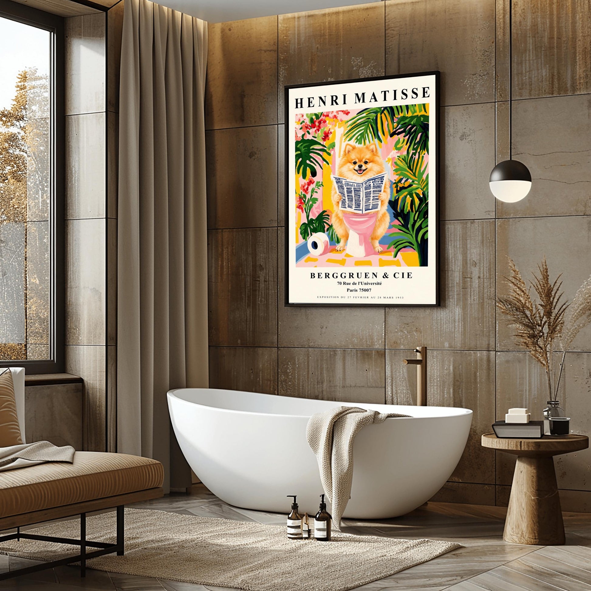 A vertical fine art exhibition poster in the style of Henri Matisse featuring a wide cream border. Bold black text reads "HENRI MATISSE" at the top and "BERGGRUEN & CIE" at the bottom. The central painting humorously depicts a fluffy orange Pomeranian dog smiling while sitting on a pink toilet reading a newspaper, surrounded by lush green palm leaves, tropical flowers, and a toilet paper roll on the floor.