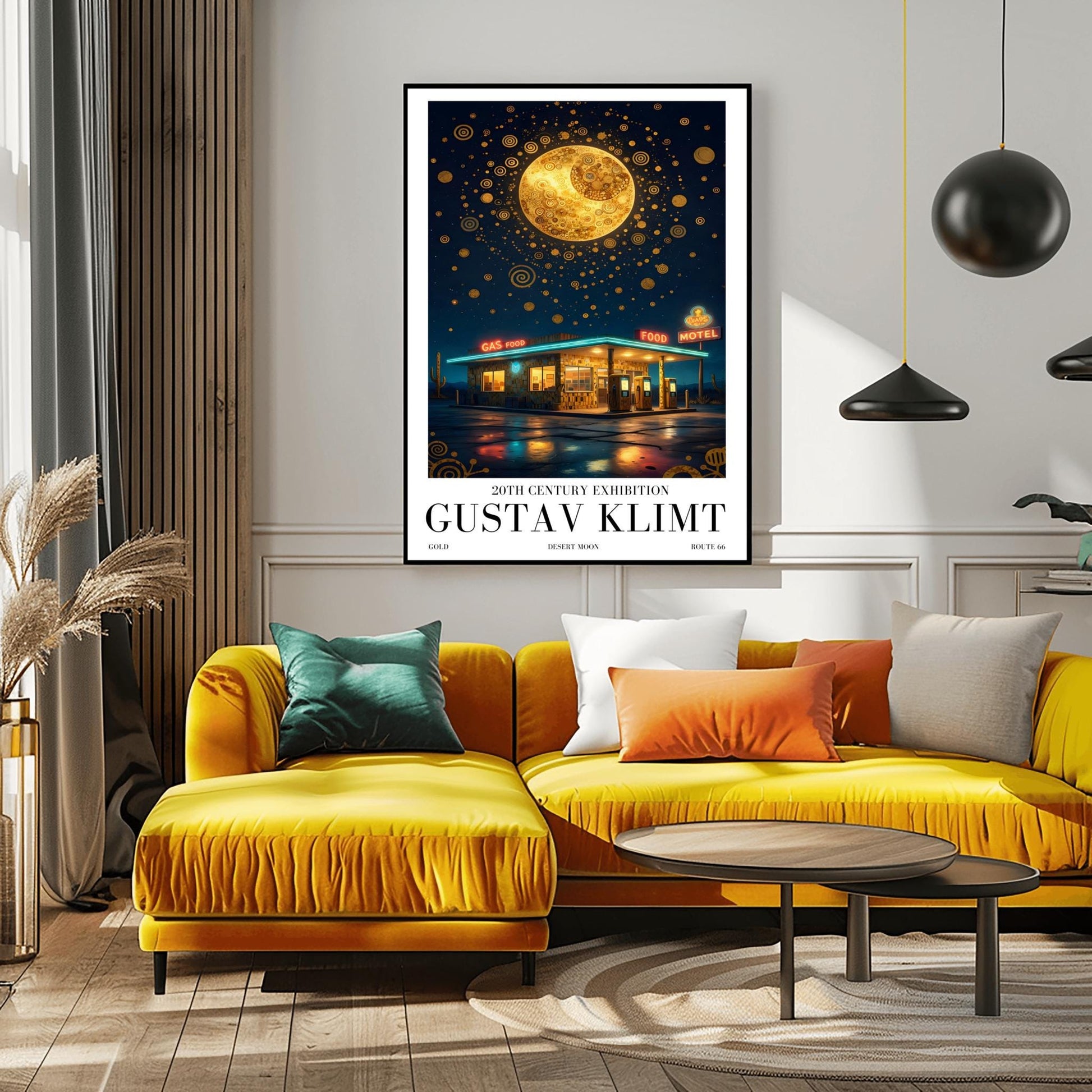 A vertical museum exhibition poster in the style of Gustav Klimt. A retro mid-century gas station and motel with neon signs stand in a desert landscape at night. A massive, ornate golden moon with mosaic patterns fills the top of a sky crowded with golden spirals and symbols. Bold black text at the bottom reads "GUSTAV KLIMT" and "DESERT MOON."