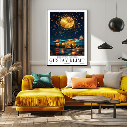 A vertical museum exhibition poster in the style of Gustav Klimt. A retro mid-century gas station and motel with neon signs stand in a desert landscape at night. A massive, ornate golden moon with mosaic patterns fills the top of a sky crowded with golden spirals and symbols. Bold black text at the bottom reads "GUSTAV KLIMT" and "DESERT MOON."