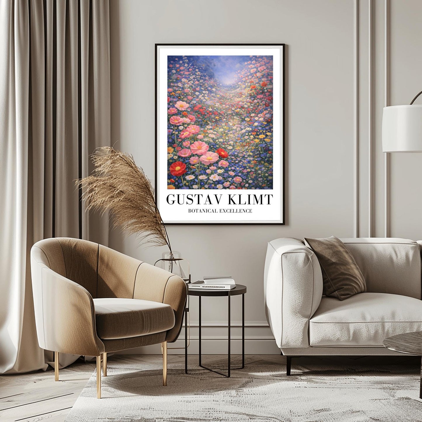 A vertical fine art landscape in the style of Gustav Klimt. A vast valley is filled with a dense sea of pink, red, blue, and white wildflowers. Large pink poppies are in the foreground, and the field stretches back to a hazy, sun-drenched horizon under a soft blue sky.