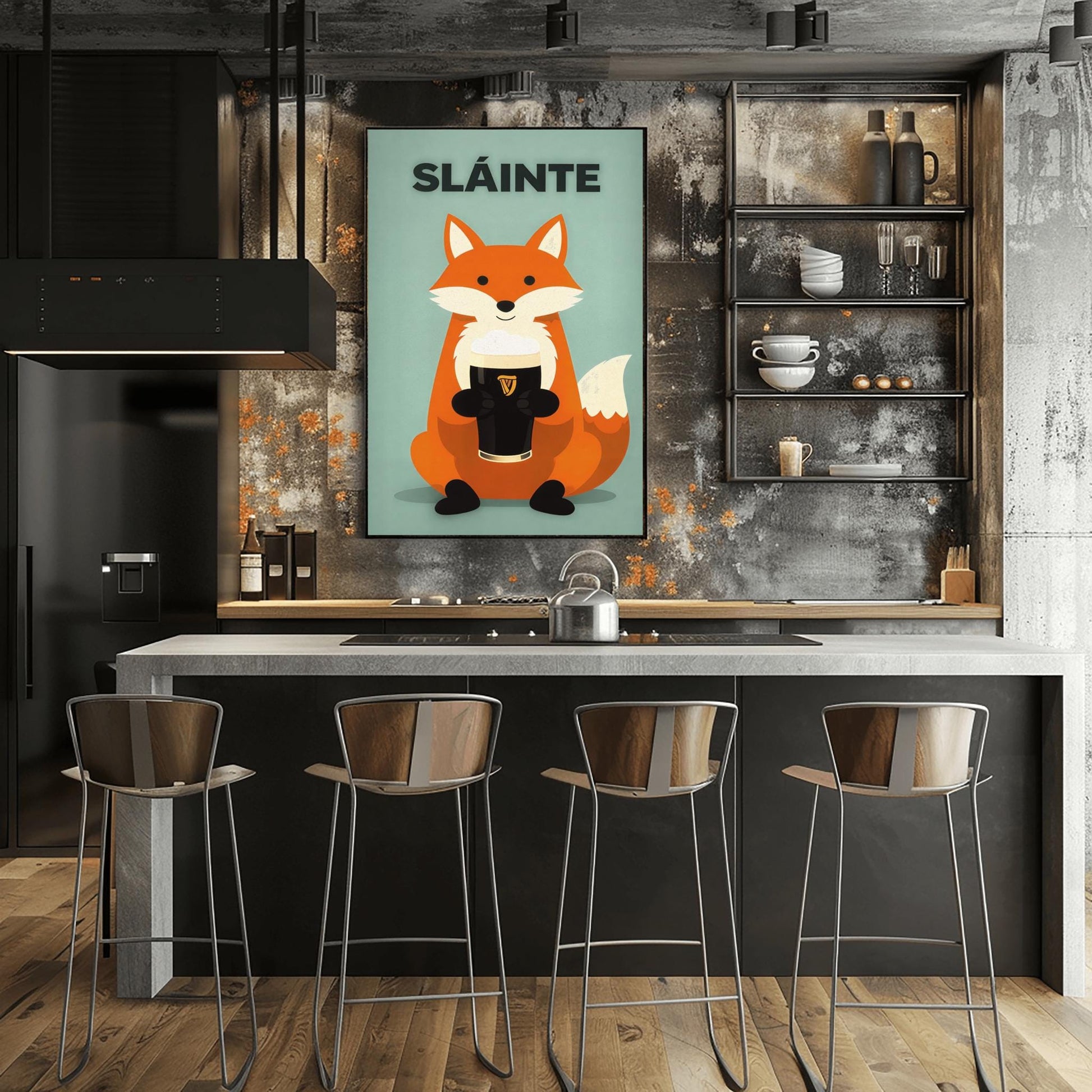 A vertical modern illustration of a cute orange fox sitting and holding a pint of Guinness with both paws. The word "SLÁINTE" is written in bold gray letters at the top. The background is a soft, textured mint green.