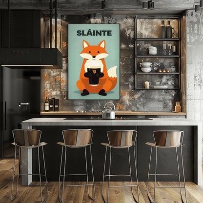 A vertical modern illustration of a cute orange fox sitting and holding a pint of Guinness with both paws. The word "SLÁINTE" is written in bold gray letters at the top. The background is a soft, textured mint green.