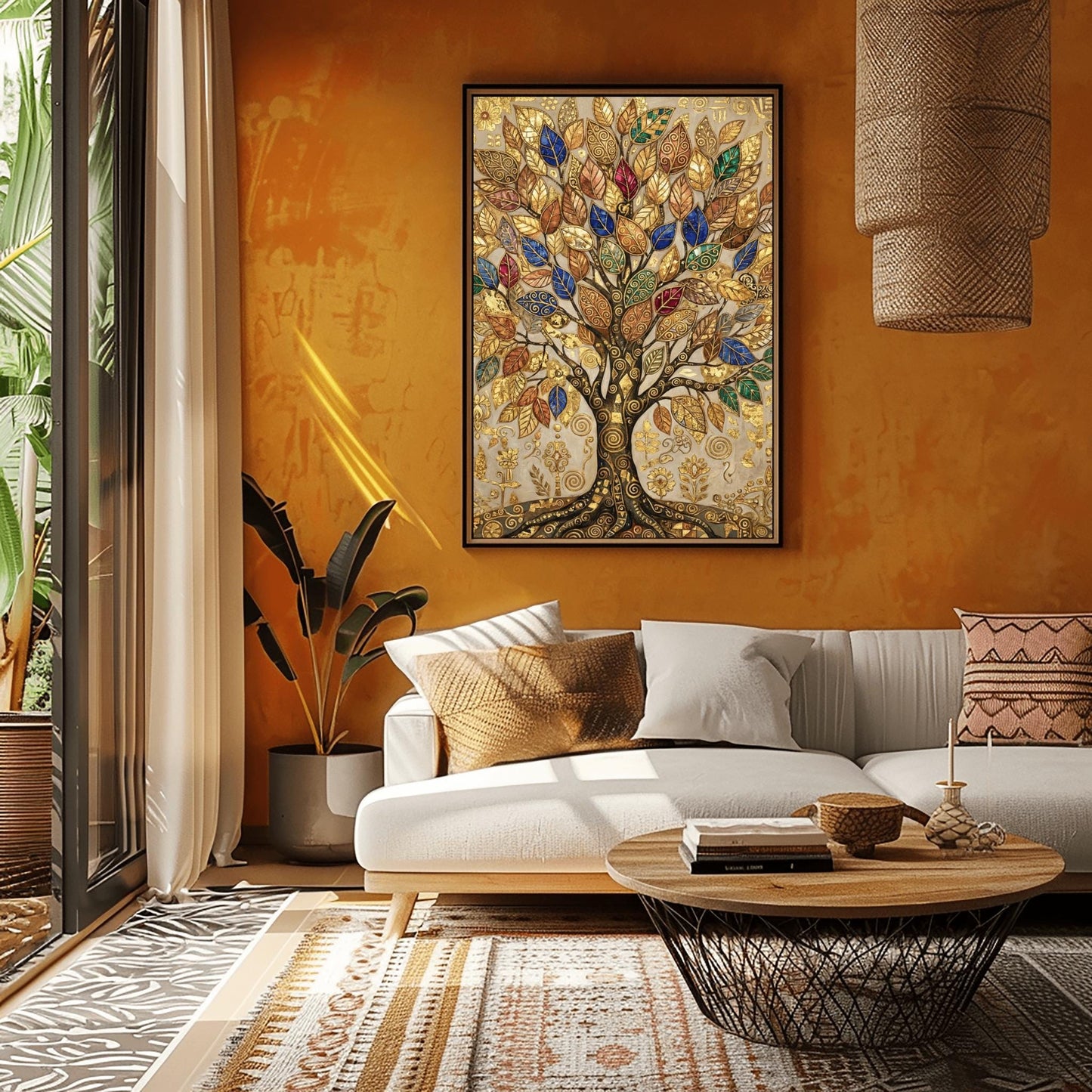 A vertical fine art print in the style of Gustav Klimt. A large, ornate tree with golden swirling branches is centered against a light-gold background. The leaves of the tree are rendered as colorful mosaic jewels in deep blue, red, and green. The entire scene is filled with intricate gold leaf patterns, spirals, and geometric symbols.