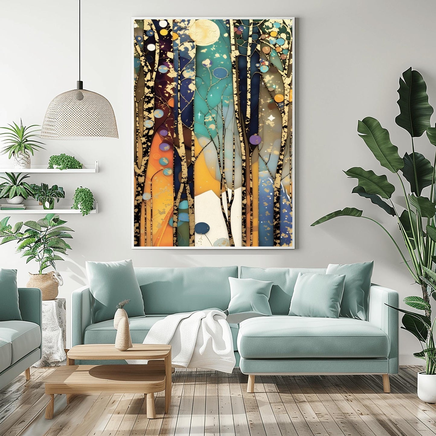 A vertical abstract painting in the style of Gustav Klimt. Tall, slender tree trunks with heavy gold-leaf textures and dark patterns rise vertically across the canvas. The background consists of vertical panels of teal, navy, and amber, resembling stained glass. Small golden orbs and stars are scattered throughout the composition, creating a glowing, celestial atmosphere.
