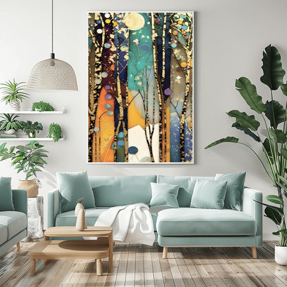 A vertical abstract painting in the style of Gustav Klimt. Tall, slender tree trunks with heavy gold-leaf textures and dark patterns rise vertically across the canvas. The background consists of vertical panels of teal, navy, and amber, resembling stained glass. Small golden orbs and stars are scattered throughout the composition, creating a glowing, celestial atmosphere.