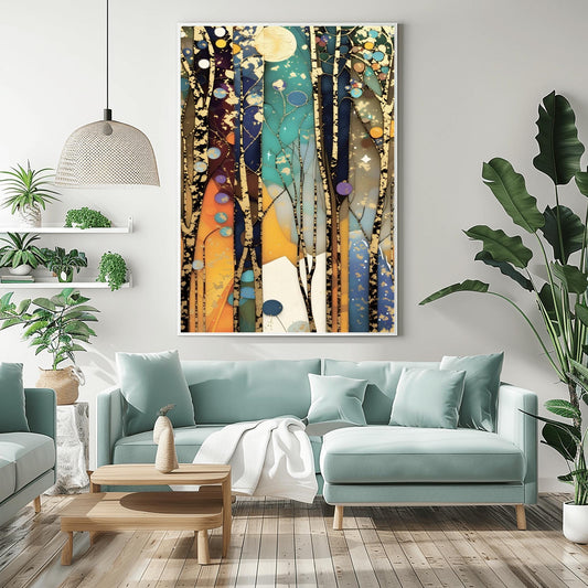 A vertical abstract painting in the style of Gustav Klimt. Tall, slender tree trunks with heavy gold-leaf textures and dark patterns rise vertically across the canvas. The background consists of vertical panels of teal, navy, and amber, resembling stained glass. Small golden orbs and stars are scattered throughout the composition, creating a glowing, celestial atmosphere.