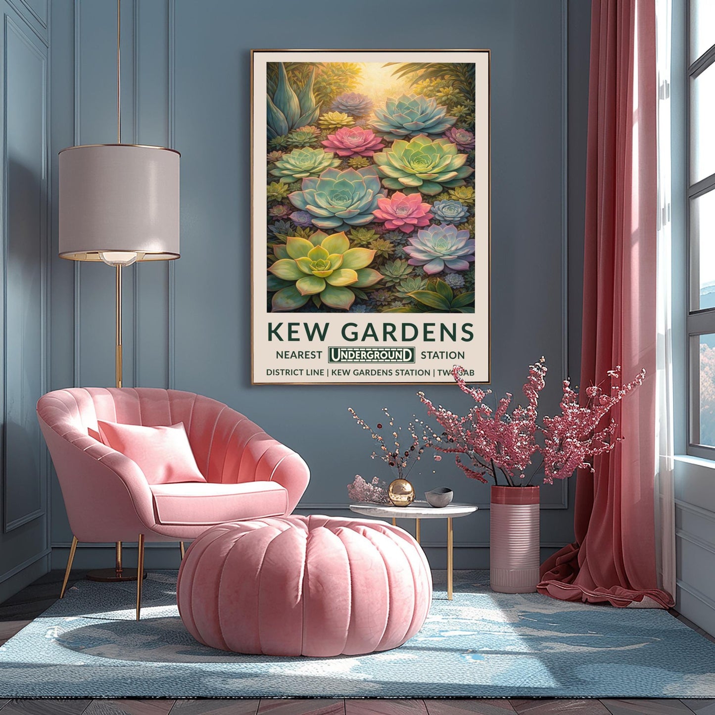 A vertical vintage travel poster for Kew Gardens featuring a dense, top-down view of many succulent plants. The composition is filled with large and small Echeveria rosettes in soft pastel shades of pink, light green, and pale blue. Warm sunlight glows from the top of the frame, highlighting the edges of the thick, fleshy leaves. The bottom features a cream border with bold green text: "KEW GARDENS" and "NEAREST UNDERGROUND STATION" with District Line details.