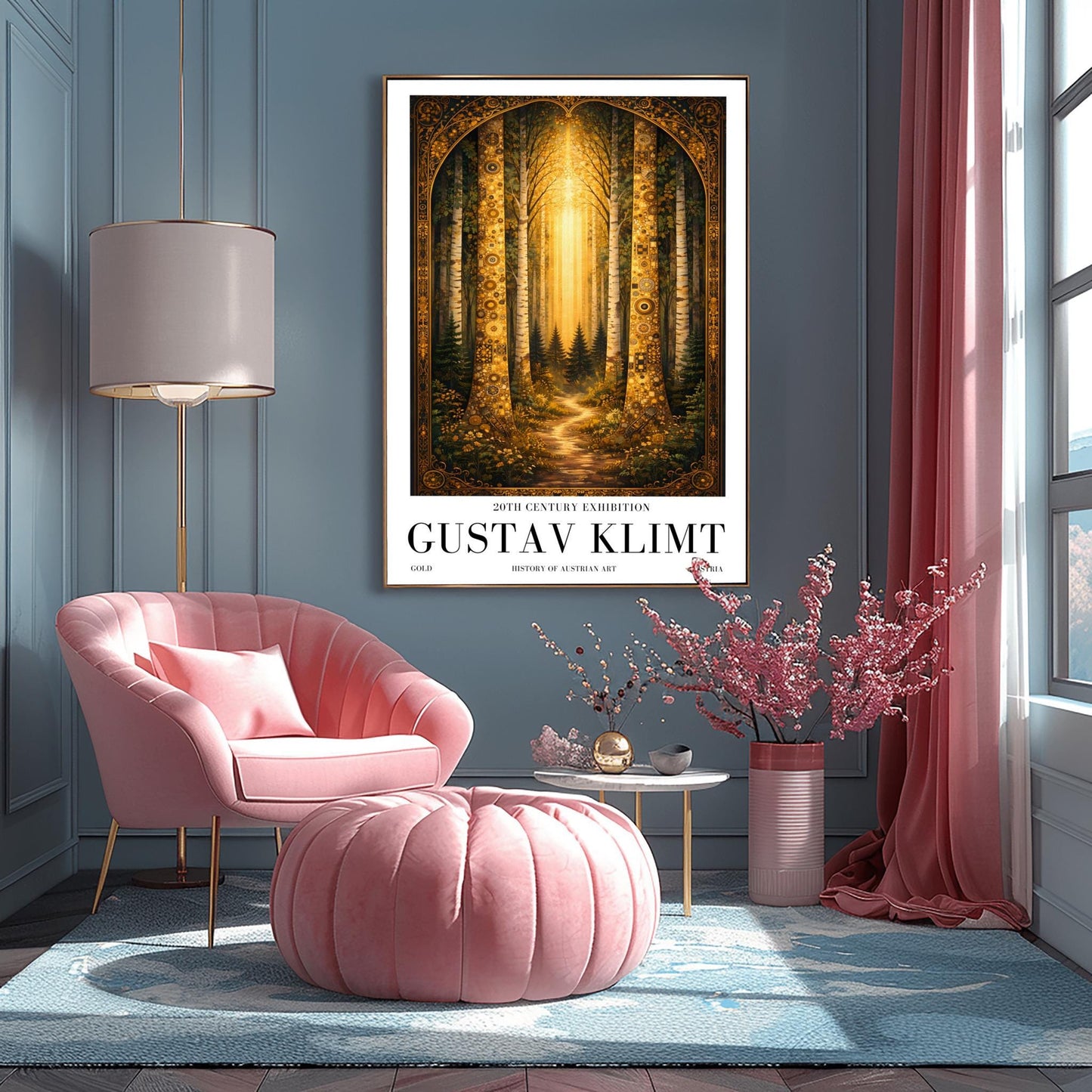 A vertical exhibition poster for Gustav Klimt. Two tall birch trees with golden mosaic bark frame a view of a dark forest path illuminated by a bright vertical beam of sunlight. The artwork has an ornate gold border and clean white margins with text at the bottom.