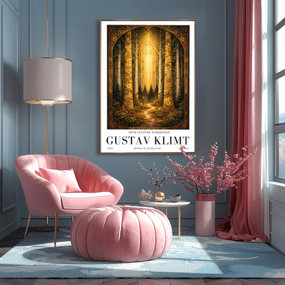 A vertical exhibition poster for Gustav Klimt. Two tall birch trees with golden mosaic bark frame a view of a dark forest path illuminated by a bright vertical beam of sunlight. The artwork has an ornate gold border and clean white margins with text at the bottom.