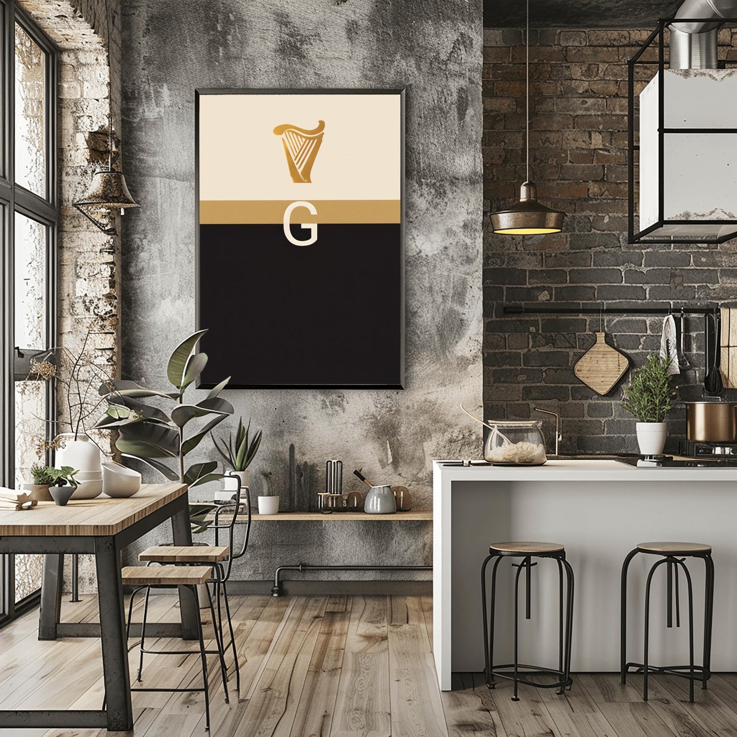 A vertical minimalist graphic art print. The top half is cream-colored with a golden harp icon at the top. A large, white serif letter "G" is centered in the middle but is split in half by a horizontal gold band. The bottom half of the poster is solid, deep black. The design is a modern, graphic tribute to the Guinness brand colors and symbols.