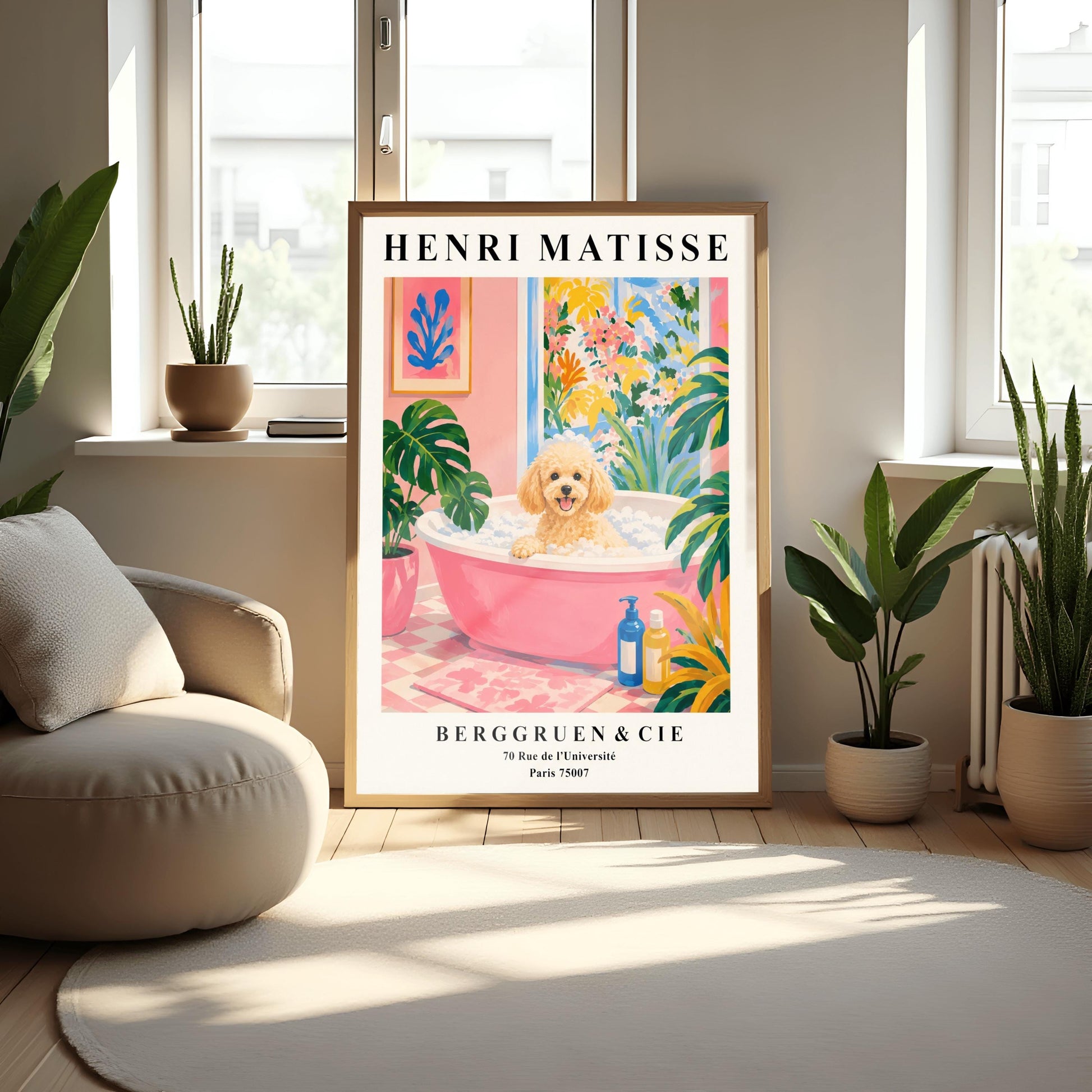 A vertical fine art exhibition poster in the style of Henri Matisse featuring a wide cream border. Bold black text reads "HENRI MATISSE" at the top and "BERGGRUEN & CIE" with a Parisian address at the bottom. The central painting shows an apricot toy poodle dog sitting in a pink bubble bath surrounded by a pink checkered floor, a monstera plant, and a large window overlooking colorful yellow and pink garden plants.