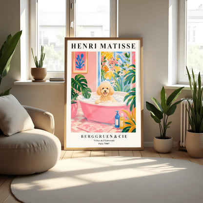 A vertical fine art exhibition poster in the style of Henri Matisse featuring a wide cream border. Bold black text reads "HENRI MATISSE" at the top and "BERGGRUEN & CIE" with a Parisian address at the bottom. The central painting shows an apricot toy poodle dog sitting in a pink bubble bath surrounded by a pink checkered floor, a monstera plant, and a large window overlooking colorful yellow and pink garden plants.