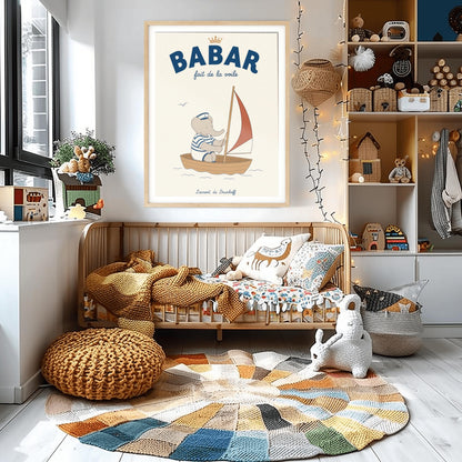 A vertical storybook-style art print featuring Babar the Elephant sailing a small boat. Babar wears a blue and white striped shirt and a white sailor's hat with an anchor. He is sitting in a brown wooden boat with a red and white sail. A single seagull flies in the creamy off-white sky. The top reads "BABAR fait de la voile" with a small gold crown.