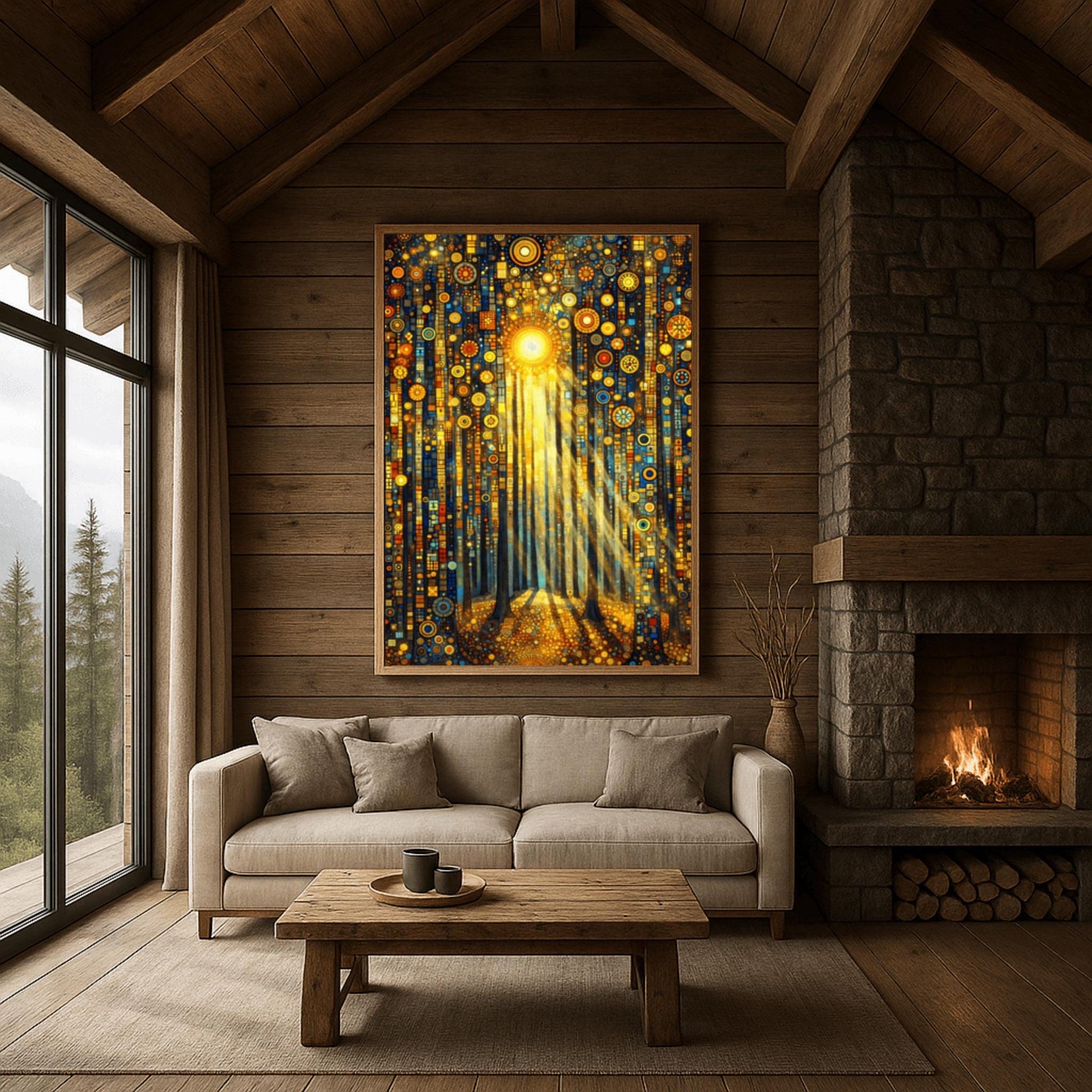A vertical fine art print in the style of Gustav Klimt. Tall, dark tree trunks stand in a forest where the ground and sky are filled with dense gold and blue mosaic circles. A bright sun in the upper center casts long, golden pillars of light down through the trees, illuminating the patterned forest floor.