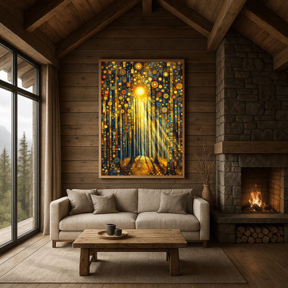 A vertical fine art print in the style of Gustav Klimt. Tall, dark tree trunks stand in a forest where the ground and sky are filled with dense gold and blue mosaic circles. A bright sun in the upper center casts long, golden pillars of light down through the trees, illuminating the patterned forest floor.