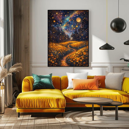 A vertical fine art print in the style of Gustav Klimt. A glowing path winds through a dense field of amber-colored wildflowers. Dark silhouettes of trees stand in the middle ground. The night sky is a deep indigo nebula filled with golden stars and a large, glowing full moon.
