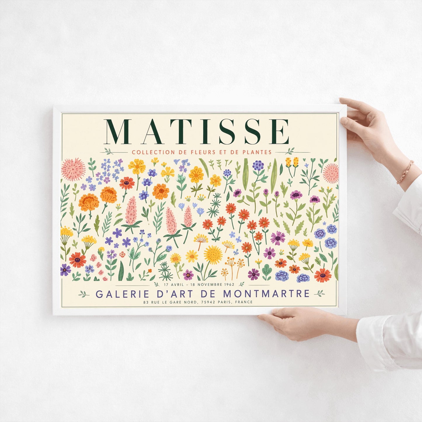 A vertical gallery exhibition poster with a warm cream border. Bold black text at the top reads "HENRI MATISSE". The central artwork is a rectangular block with a solid terracotta-orange background, featuring a cream silhouette of an abstract, four-petaled flower with a circular center. Below the block, black text reads "PAPIERS DÉCOUPÉS" and "FLEUR". The bottom of the poster finishes with the text "BERGGRUEN & CIE - 70 RUE DE L'UNIVERSITÉ - PARIS VII".