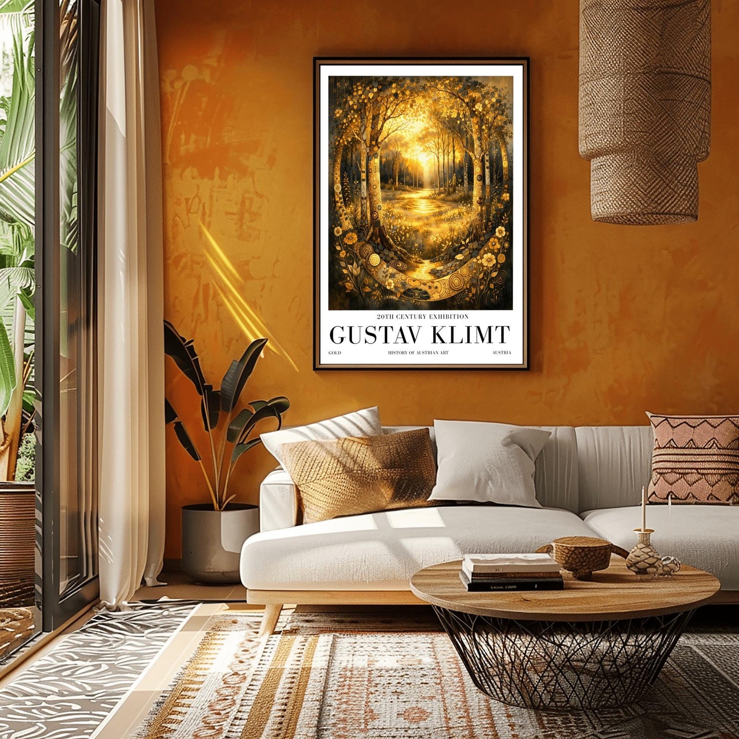 A vertical exhibition poster for Gustav Klimt featuring a golden forest. Two highly decorative trees with mosaic patterns frame a sunlit glade. A golden stream flows toward the viewer through shimmering flowers. Text at the bottom reads "Gustav Klimt, 20th Century Exhibition."