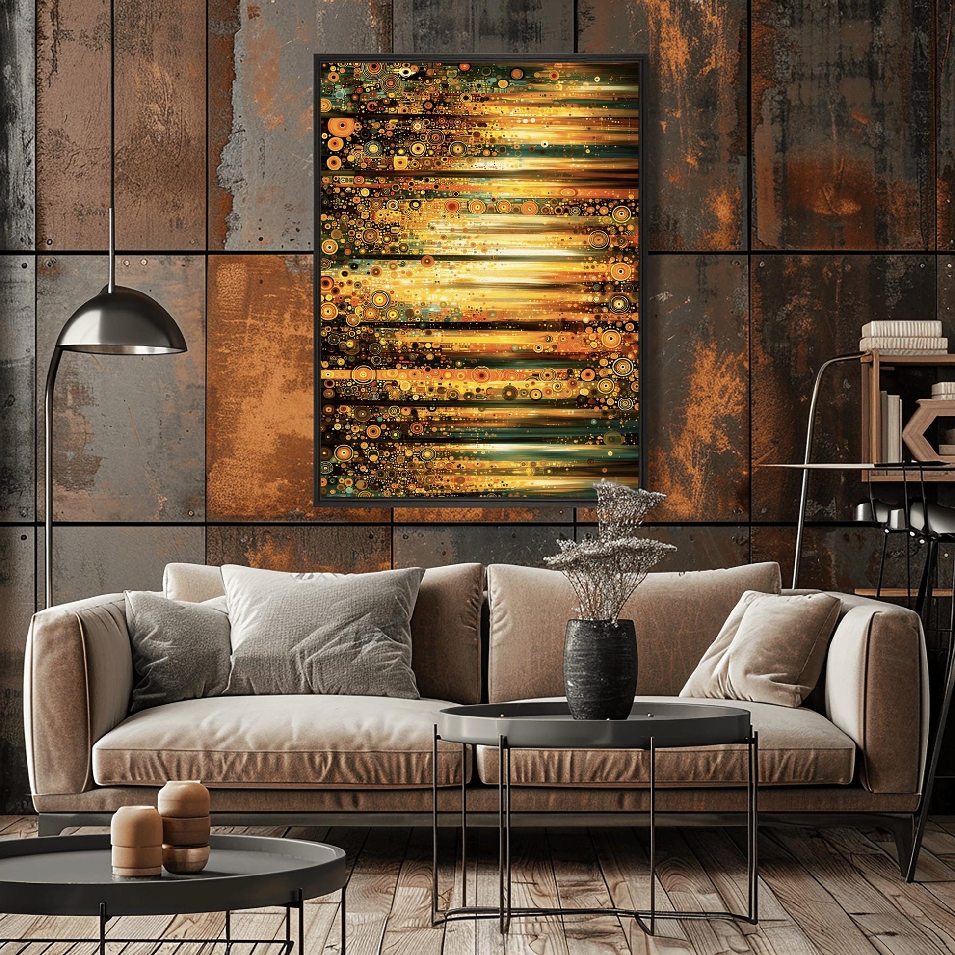 A horizontal abstract fine art print in the style of Gustav Klimt. The composition is made of horizontal bands of light and dark. Each band is filled with thousands of small mosaic circles and geometric patterns in shades of gold, amber, dark green, and teal. The center glows with a bright, sun-like yellow light.