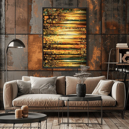 A horizontal abstract fine art print in the style of Gustav Klimt. The composition is made of horizontal bands of light and dark. Each band is filled with thousands of small mosaic circles and geometric patterns in shades of gold, amber, dark green, and teal. The center glows with a bright, sun-like yellow light.