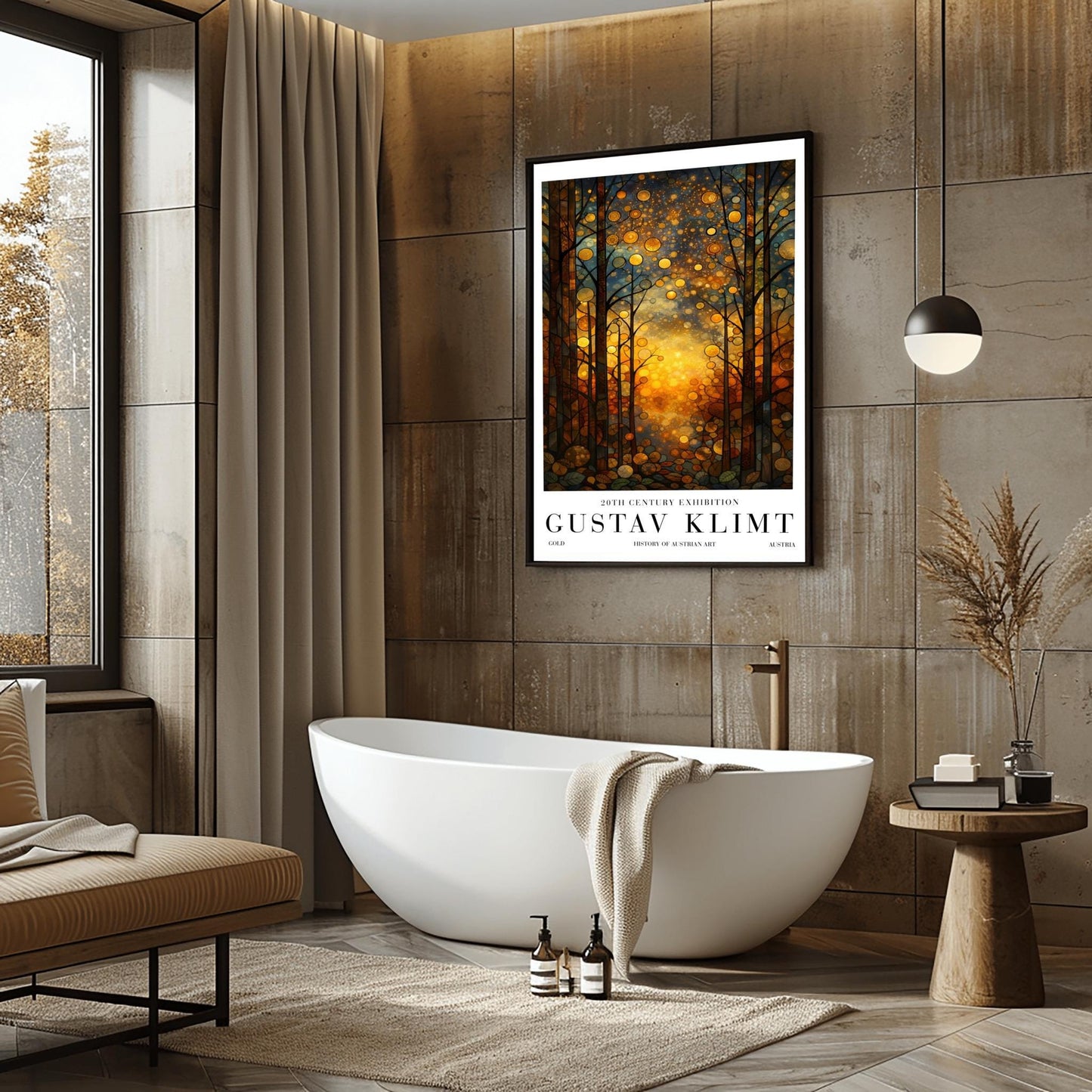 A vertical exhibition-style poster featuring a stylized forest in the style of Gustav Klimt. Slender trees with dark, leaded outlines are filled with golden and amber hues. A brilliant, warm light glows from the center forest floor. The sky is filled with circular mosaic patterns and golden stardust. The bottom features white margins with bold text reading "GUSTAV KLIMT."