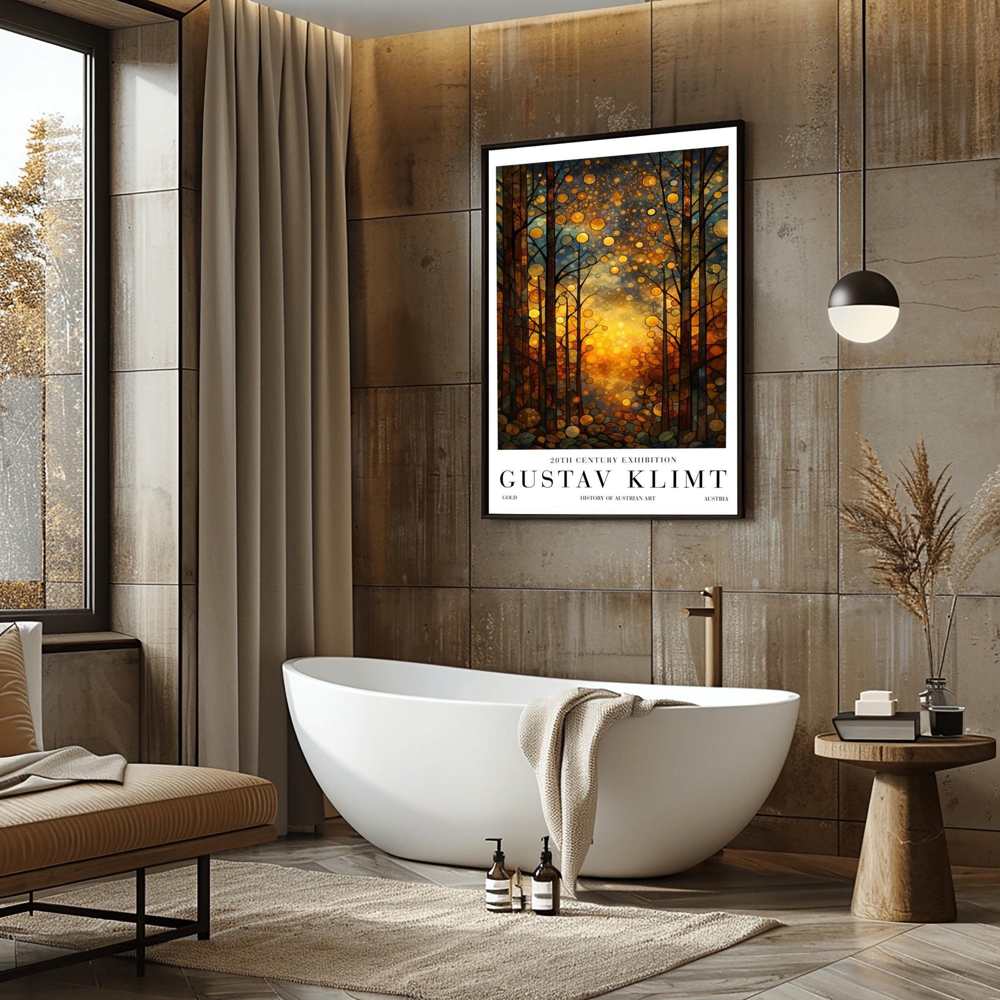 A vertical exhibition-style poster featuring a stylized forest in the style of Gustav Klimt. Slender trees with dark, leaded outlines are filled with golden and amber hues. A brilliant, warm light glows from the center forest floor. The sky is filled with circular mosaic patterns and golden stardust. The bottom features white margins with bold text reading "GUSTAV KLIMT."