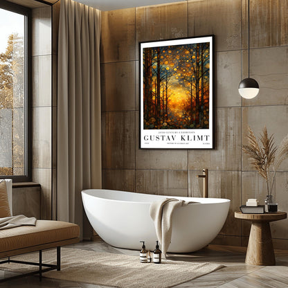 A vertical exhibition-style poster featuring a stylized forest in the style of Gustav Klimt. Slender trees with dark, leaded outlines are filled with golden and amber hues. A brilliant, warm light glows from the center forest floor. The sky is filled with circular mosaic patterns and golden stardust. The bottom features white margins with bold text reading "GUSTAV KLIMT."