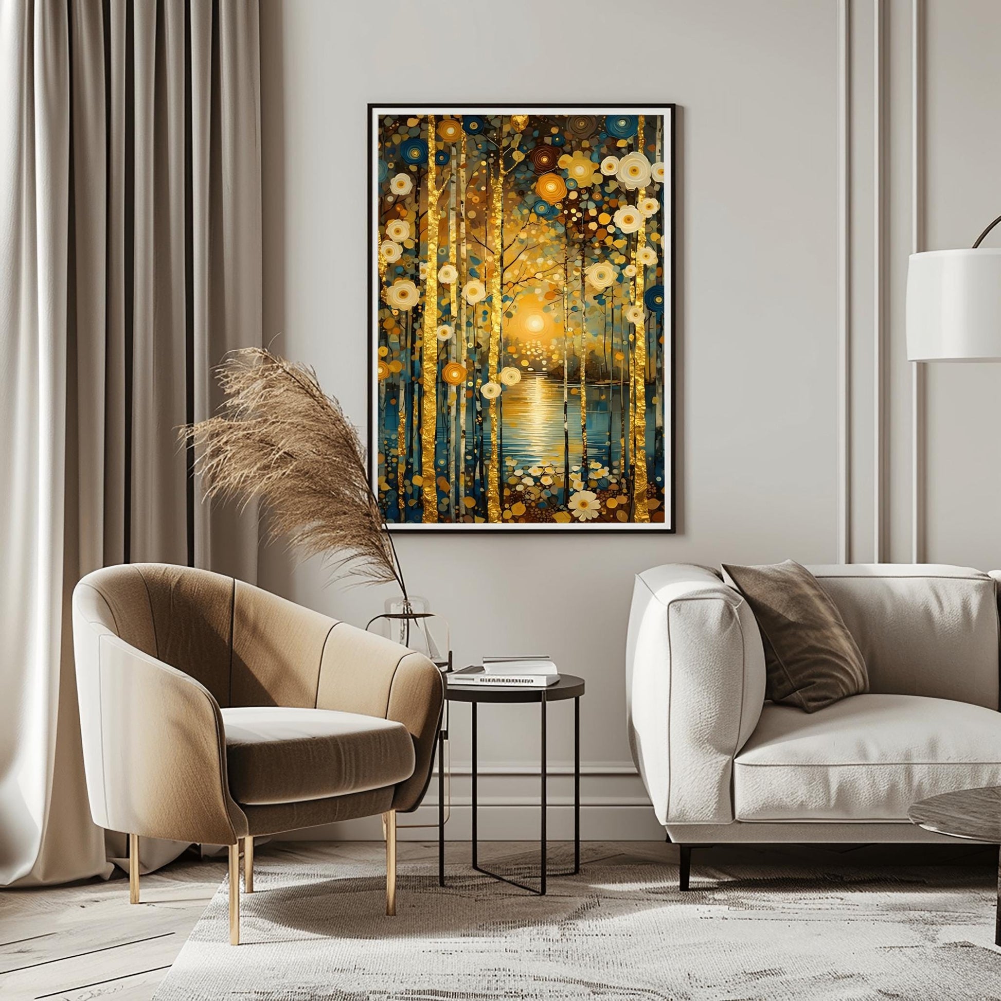 A vertical, highly detailed oil painting in the style of Gustav Klimt. A forest of slender birch trees with textured gold-leaf bark stands before a calm blue lake. A bright, glowing sun is centered in the background, reflecting a shimmering golden path on the water. The scene is filled with stylized, circular flowers in cream, gold, and deep blue. The overall style is rich in mosaic-like textures and opulent gold accents.