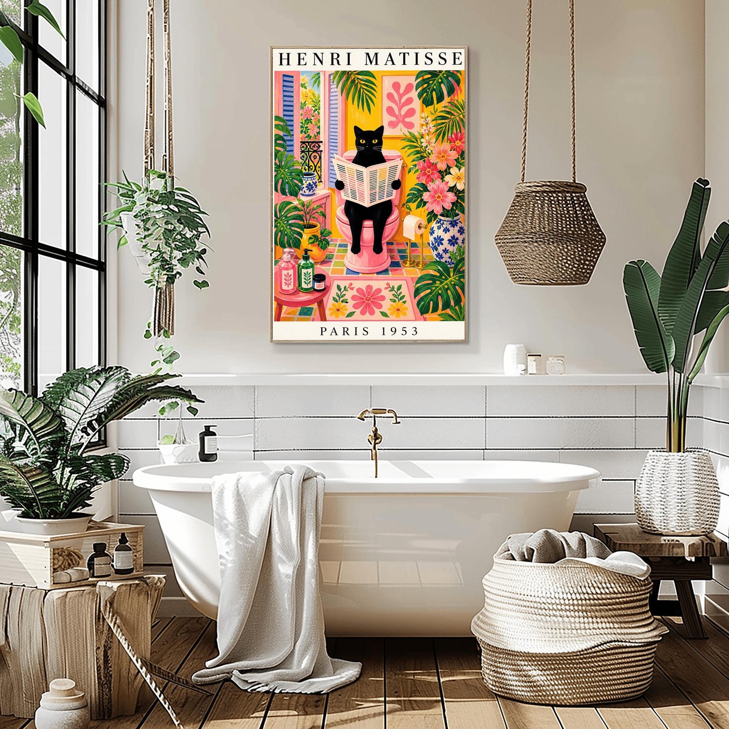 A vertical maximalist art print styled as a Henri Matisse exhibition poster. A sleek black cat with bright yellow eyes sits on a pink toilet, holding and reading a newspaper. The bathroom is filled with vibrant yellow walls, pink and yellow checkered tiles, and lush green monstera plants. A window with blue shutters looks out onto a garden. A pink bath mat and blue floral vases add more color. Bold black text at the top reads "HENRI MATISSE" and at the bottom "PARIS 1953".