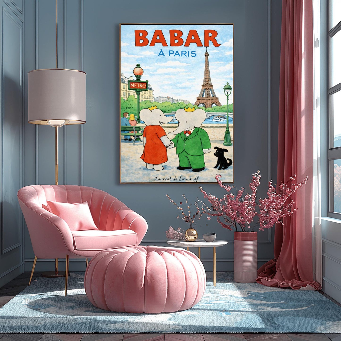A vertical children's illustration poster titled "BABAR À PARIS" in large red and blue letters. King Babar, in a green suit, and Queen Celeste, in a red dress, are holding hands on a sidewalk in Paris. The Eiffel Tower is visible in the background across a river with a stone bridge and boat. To the left is a green "METRO" sign, and a small black dog sits to the right. The name "Laurent de Brunhoff" is at the bottom.