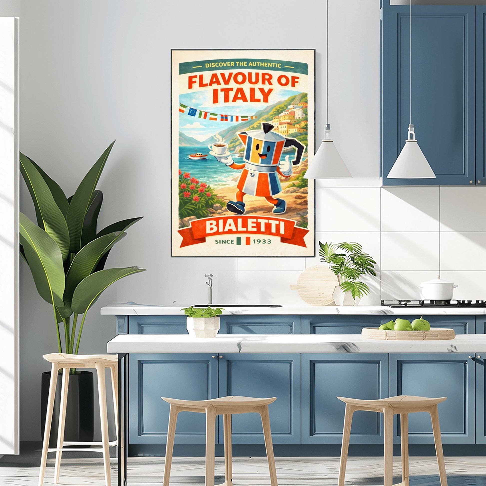 Bialetti Flavour of Italy Poster - Italian Riviera Coffee Art - Retro Moka Pot Mascot Print - Amalfi Coast Kitchen Decor - Whimsical Espresso Bar Wall Art - Vintage Travel Illustration