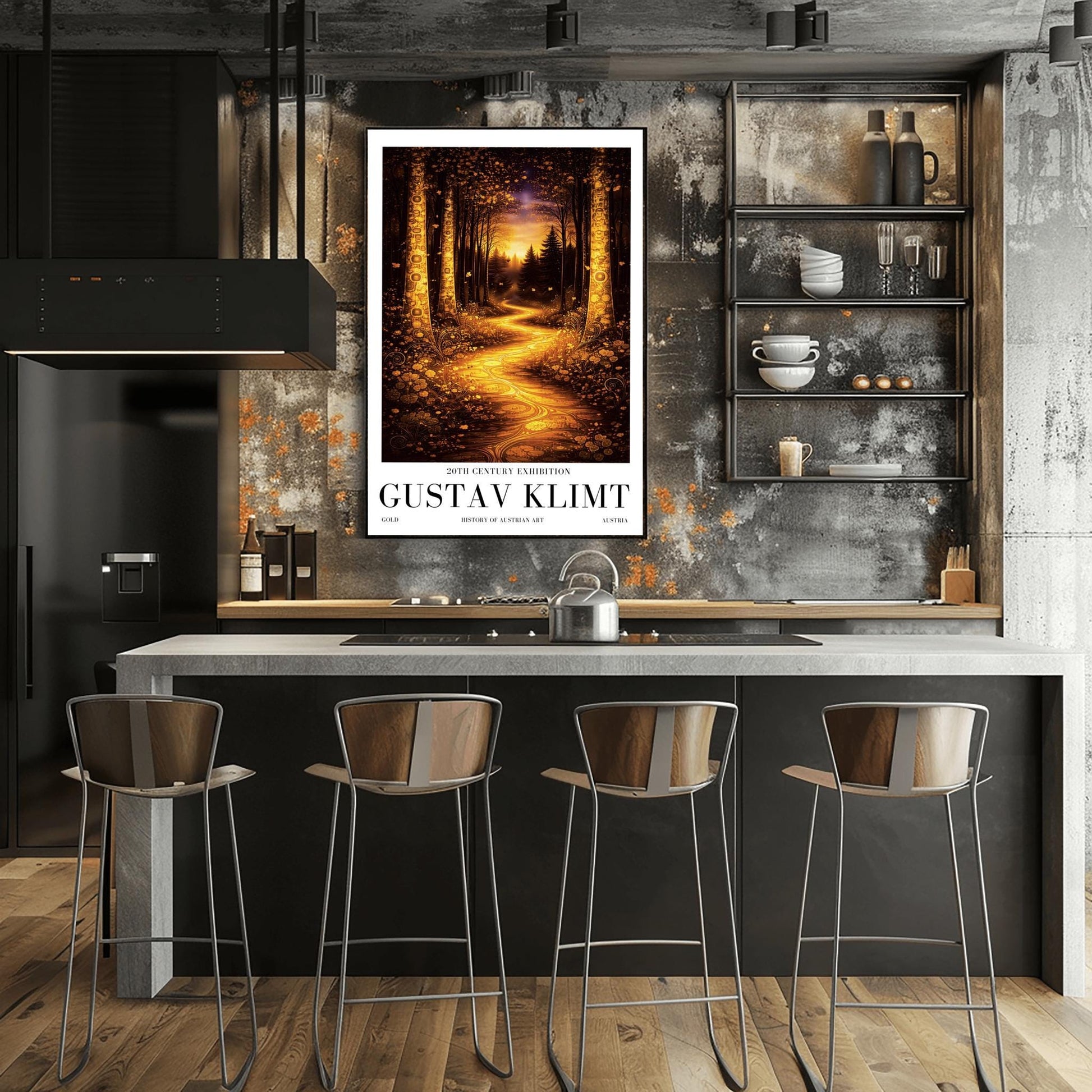 A vertical exhibition poster for Gustav Klimt. A glowing golden path winds through a dark, moody forest at night. Ornate trees with golden mosaic patterns frame the scene. Below the art, bold black text reads "GUSTAV KLIMT" and "20th Century Exhibition."