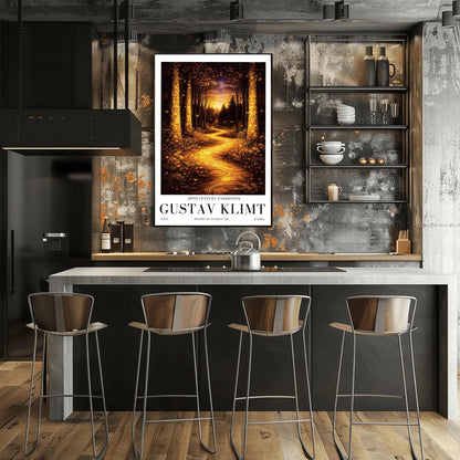 A vertical exhibition poster for Gustav Klimt. A glowing golden path winds through a dark, moody forest at night. Ornate trees with golden mosaic patterns frame the scene. Below the art, bold black text reads "GUSTAV KLIMT" and "20th Century Exhibition."