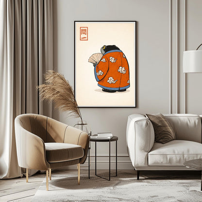 A vertical Japanese woodblock-style art print of a large, dark grey-black frog seen from behind. The frog is wearing an ornate burnt orange kimono decorated with white cloud motifs and blue piping. It holds a beige folding fan in its small hand. In the top left corner is a red rectangular stamp containing Japanese calligraphy. The entire image is set against a textured, pale cream background in a minimalist aesthetic.