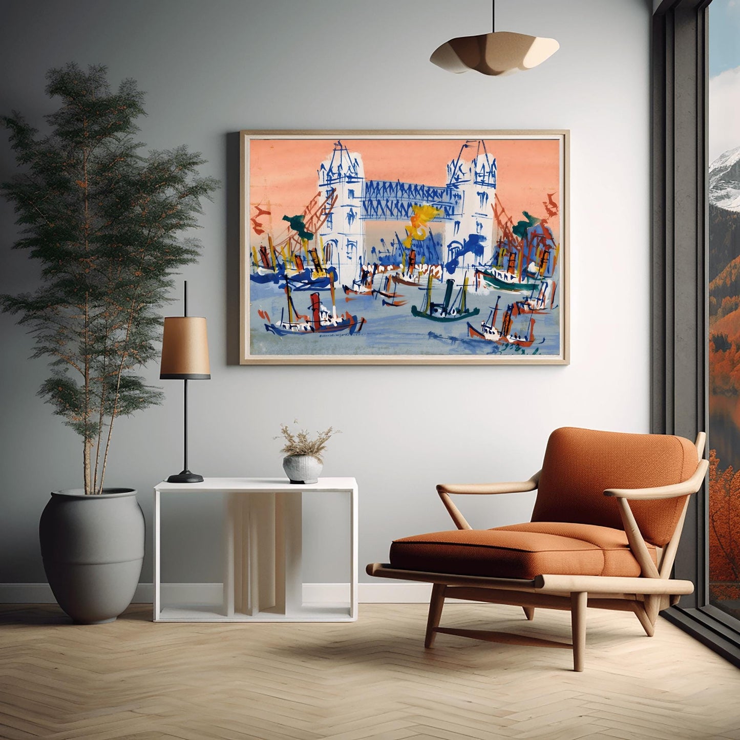 A horizontal expressionist painting of Tower Bridge in London by Jean Dufy. The bridge is rendered in white and blue lines against a coral pink sky. The River Thames in the foreground is filled with many small, sketchy blue and brown boats with smoke stacks.