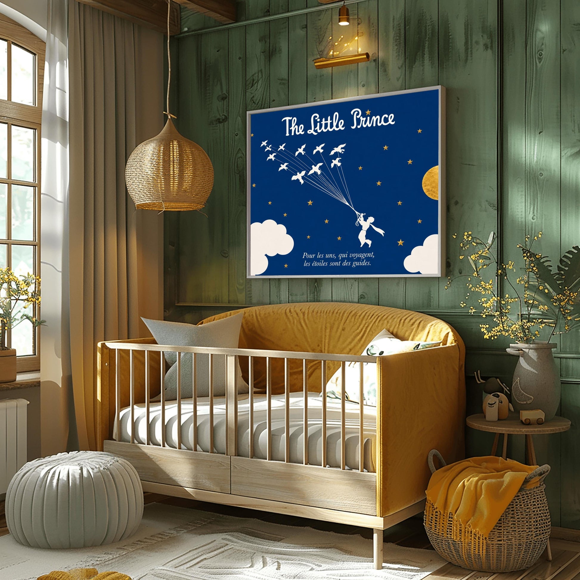A horizontal illustration of the Little Prince flying through a navy blue night sky. In the center, a white silhouette of the prince holds onto a cluster of fine strings attached to a flock of twelve white wild birds flying upwards and to the left. The sky is filled with small gold stars and features a large, textured gold circular moon on the right, with soft white clouds along the bottom edges
