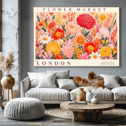 A vibrant, maximalist vintage botanical gallery poster titled "FLOWER MARKET LONDON" in elegant purple typography. The main illustration shows a dense, edge-to-edge meadow of hand-painted wildflowers. The arrangement includes a large crimson red dahlia, soft pink peonies, white daisies with yellow centers, yellow chrysanthemums, and various small orange and pink blossoms nestled among green leaves.