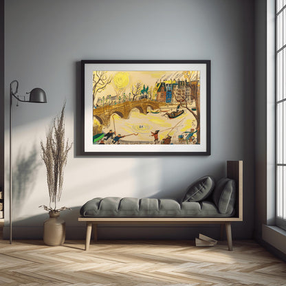 A horizontal watercolor and ink illustration in the style of Ludwig Bemelmans depicting a rescue in Paris. A large stone arch bridge spans a yellow-toned river where a person's legs are visible splashing in the water. On the bridge and the cobblestone quay, various people including officers in blue uniforms, fishermen with long poles, and an artist with a palette are rushing toward the water. In the background, colorful Parisian buildings and a large yellow sun are visible under a pale sky.