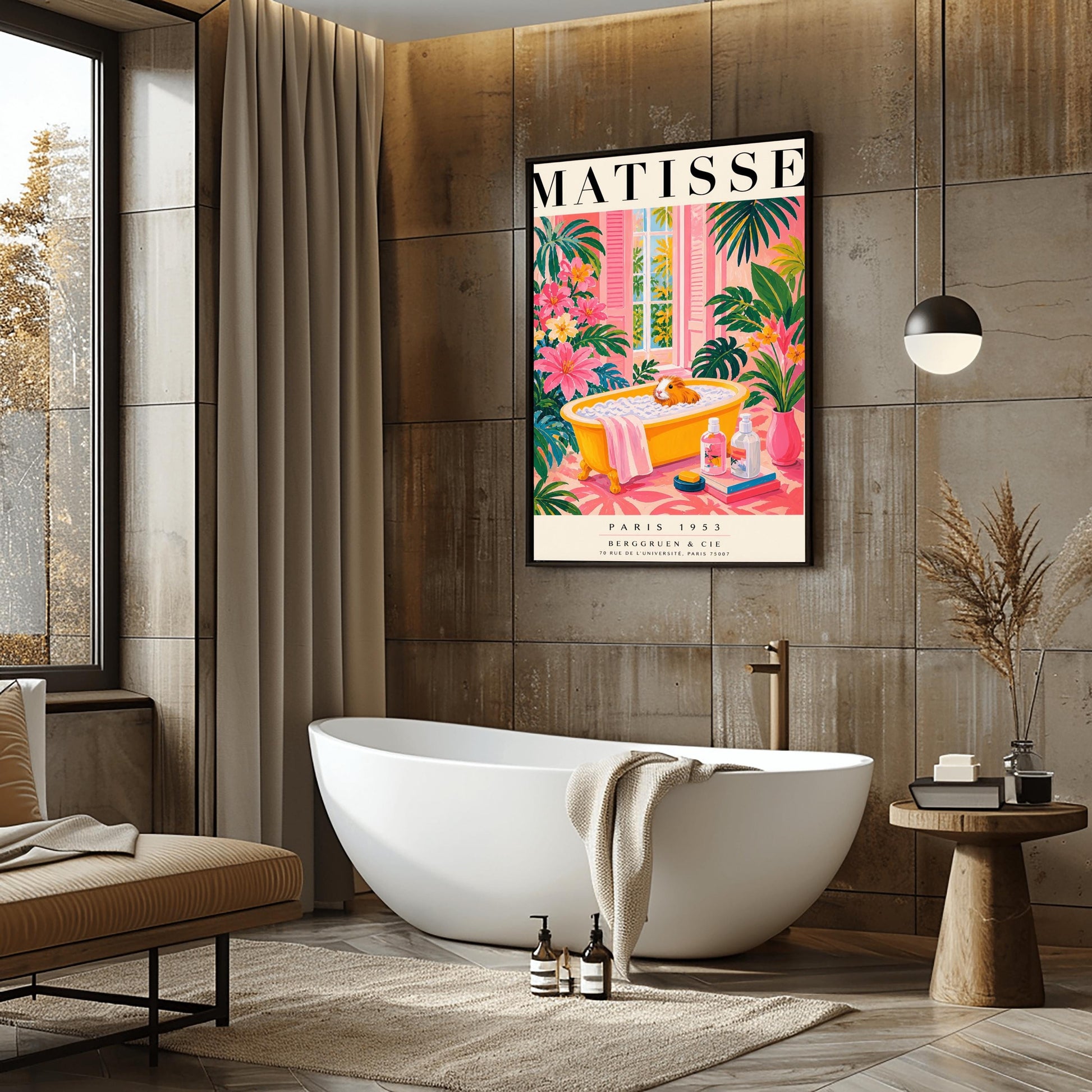 A vertical maximalist art print styled as a Henri Matisse exhibition poster. A small orange and white guinea pig sits in a bright yellow clawfoot bathtub filled with white bubbles. The bathroom is vibrant with pink walls and a pink patterned floor. Lush green monstera plants and pink flowers frame the scene. In the foreground, soap bottles sit on a stack of books next to a pink vase. An open window with pink shutters shows tropical trees in the background.