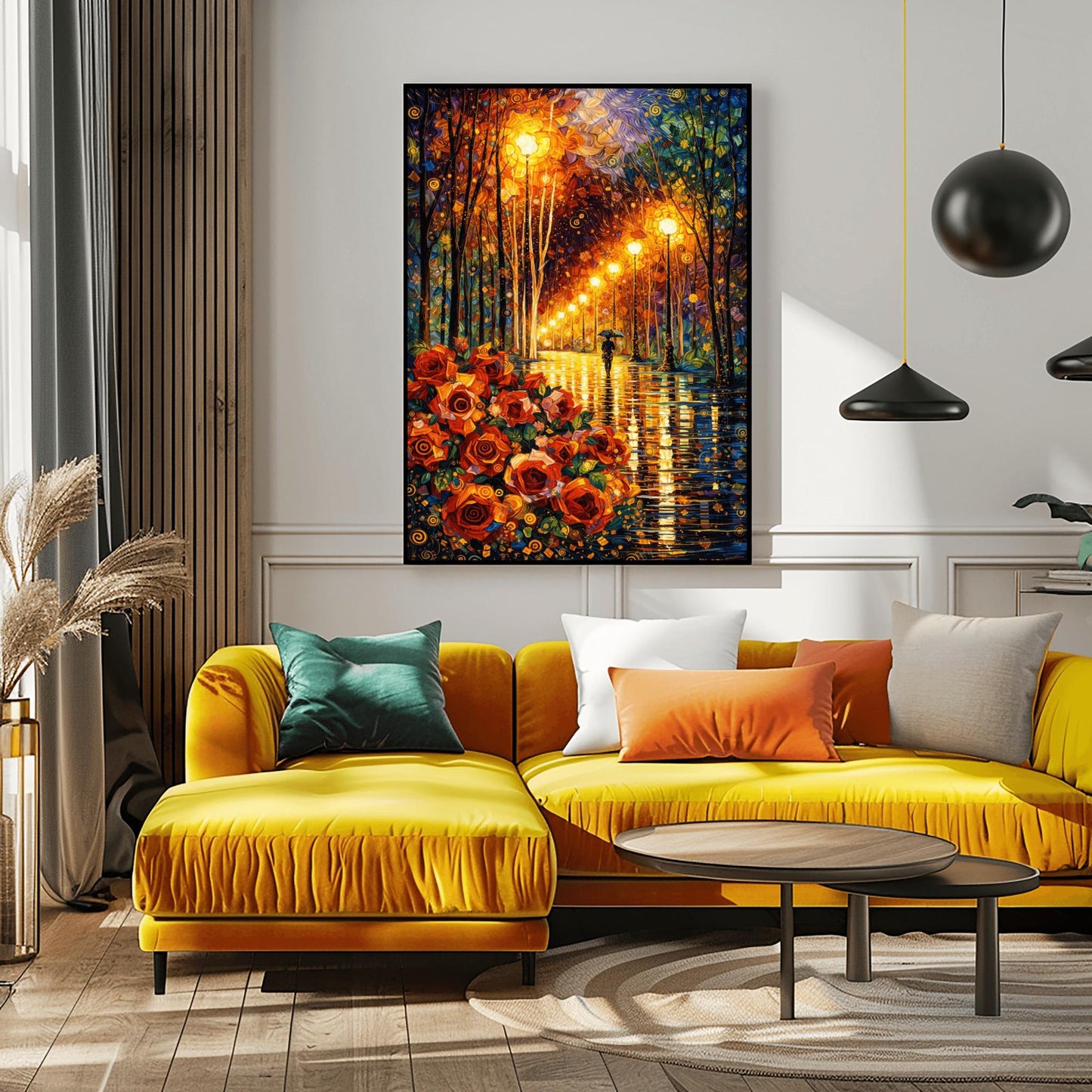 A vertical art print in the style of Gustav Klimt. In the bottom left, a large cluster of stylized red and orange roses with golden spiral centers is prominent. A rain-dampened path reflects the warm yellow light from a line of ornate street lamps. A small black silhouette of a person holding an umbrella walks down the path. The trees and sky are filled with decorative mosaics and swirls in blue, gold, and orange.