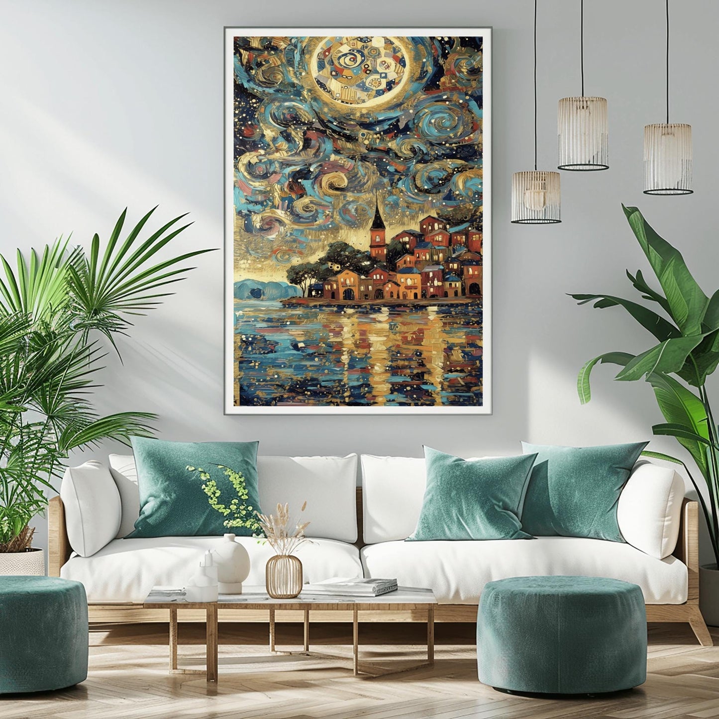 A vertical, highly detailed painting in the style of Gustav Klimt. A seaside village with warm orange and red houses sits on a coastline. The sky is a dark blue swirl of mosaic patterns, circles, and a large golden moon. The water in the foreground reflects the lights of the houses and the sky in shimmering golden and blue horizontal brushstrokes. The style is rich in texture with heavy gold accents.