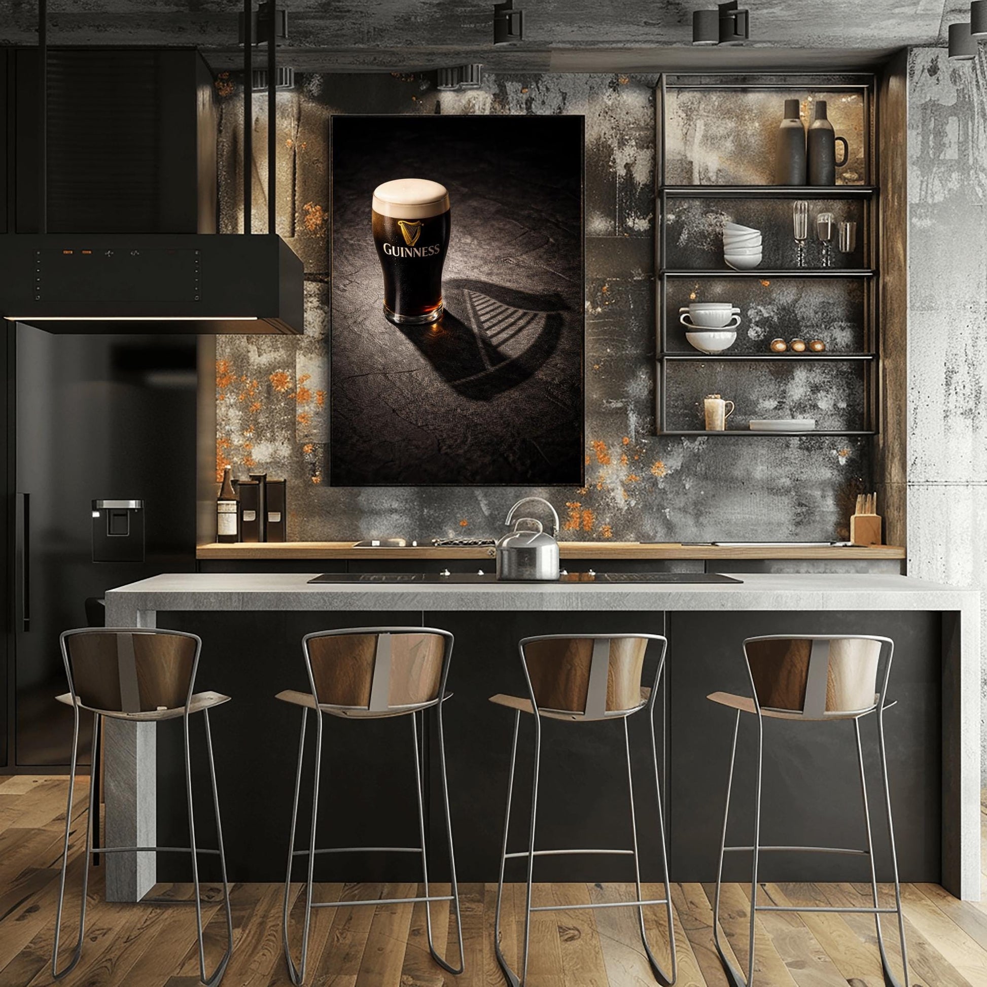 A vertical hyper-realistic photograph of a pint of Guinness on a dark stone surface. A bright light from the side casts a long shadow of the glass that clearly forms the shape of a Celtic harp. The stone is textured and dark, with the glass as the bright focal point.