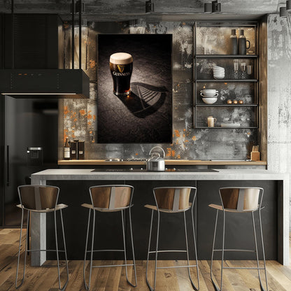 A vertical hyper-realistic photograph of a pint of Guinness on a dark stone surface. A bright light from the side casts a long shadow of the glass that clearly forms the shape of a Celtic harp. The stone is textured and dark, with the glass as the bright focal point.