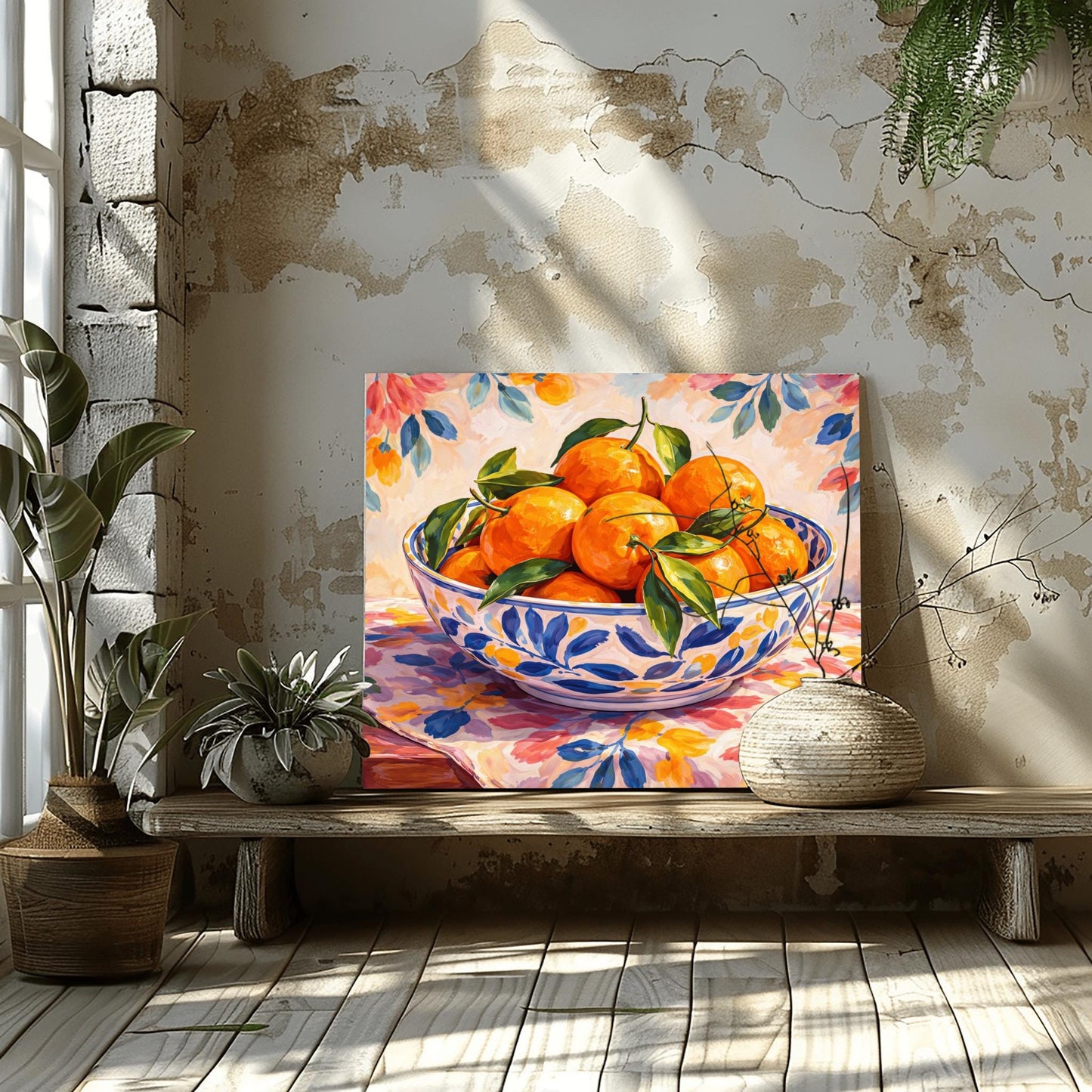 A horizontal painterly illustration of a large blue and white patterned ceramic bowl filled with bright oranges and green leaves. The bowl sits on a table covered with a pink and yellow floral cloth, with a matching soft floral pattern in the background.