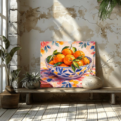 A horizontal painterly illustration of a large blue and white patterned ceramic bowl filled with bright oranges and green leaves. The bowl sits on a table covered with a pink and yellow floral cloth, with a matching soft floral pattern in the background.
